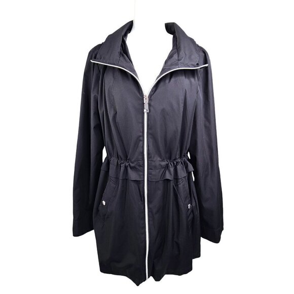 Vince Camuto Cinched-Waist Black Hooded Anorak Rain Jacket - Picture 1 of 8